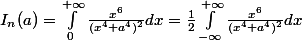 I_{n}(a)=\int_{0}^{+\infty}{\frac{x^6}{(x^4+a^4)^2}}dx=\frac{1}{2}\int_{-\infty}^{+\infty}{\frac{x^6}{(x^4+a^4)^2}}dx